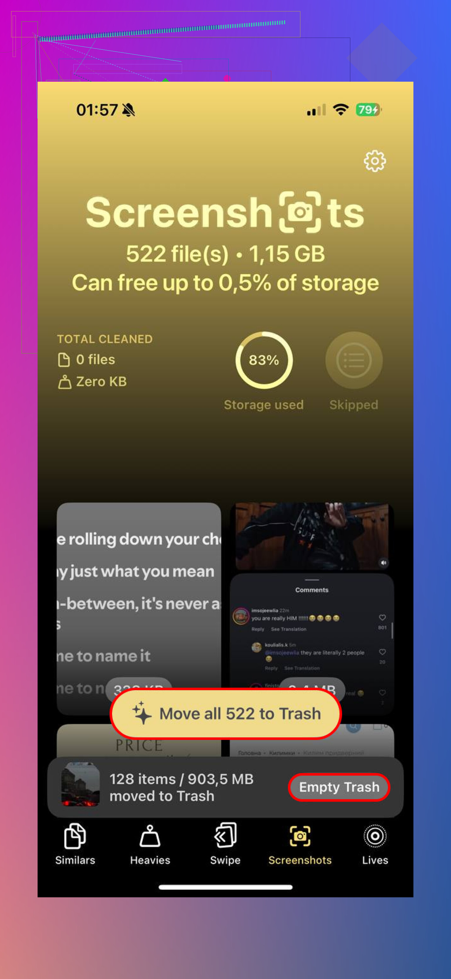Esiste uno strumento gratuito per eliminare gli screenshot su iPhone in base alla dimensione del file?